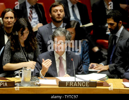 Der französische UN-Botschafter Francois Delattre Adressen eine Sicherheit über die militärische Aktivität Freitag in Syrien im Sicherheitsrat der Kammer am Sitz der Vereinten Nationen in New York City am 14. April 2018. Es Tagung des Sicherheitsrates wurde auf Wunsch von Russland nach den USA, britischen und französischen Streitkräfte Luftangriffe auf chemische Waffen Ziele gestern in Syrien durchgeführt. Foto von Dennis Van Tine/UPI Stockfoto