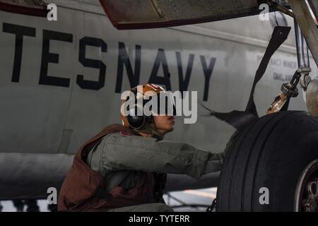 Pazifik (Nov. 28, 2016) Petty Officer 2nd class Winer Fung, aus Oakland, Kalifornien, führt einen Turnaround die Überprüfung auf der C-2A Greyhound von den Anbietern des Fleet Logistics Combat Support Squadron (VRC) 30, Distanz 4, auf USS John C Stennis" (CVN 74) Flight Deck Mission die Bereitschaft der Flugzeuge zu gewährleisten. John C Stennis ist unterwegs Routine Training zu leiten und in nationalen Pearl Harbor Erinnerung Tag der Ereignisse in Hawaii teilnehmen. Stockfoto