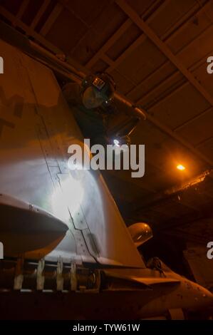 Meer (Nov. 30, 2016) Petty Officer 2. Klasse Ronny Smith, von Houston, inspiziert ein F/A-18C Hornet zu den Wildkatzen von Strike Fighter Squadron (VFA) 131 zugeordnet im Hangar Bucht der Flugzeugträger USS Dwight D. Eisenhower (CVN 69) (IKE). Smith bietet an Bord Ike als Luftfahrt strukturellen Mechaniker. Ike und Ihre Carrier strike Group sind zur Unterstützung der Operation inhärenten Lösen, Maritime Security Operations und Theater Security Operations und Theater Sicherheit Zusammenarbeit in den USA 5 Flotte Bereich der Operationen eingesetzt. Stockfoto