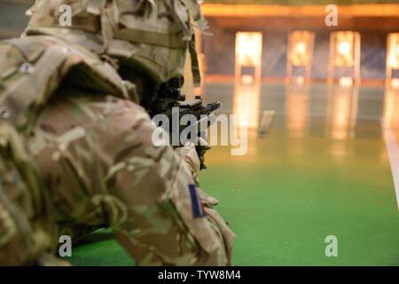 Ein bullet Gehäuse Fliegen von der L 85 A2 Gewehr durch ein Mitglied der Royal Air Force zu einem lokalen Gerät zugeordnet ist, Betrieben, an der Schulung Support Center Benelux 25 m Reichweite im Innenbereich, auf chièvres Air Base, Belgien, November 30, 2016. Die britischen Truppen unter Aufsicht der britischen Joint European Training Team ausgebildet. Stockfoto