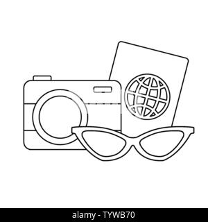 Kamera mit Reisepass und Sonnenbrille Vector Illustration Design Stock Vektor