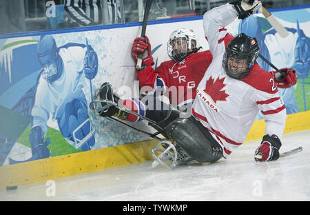 Das Team Kanada Raymond Grassi nimmt das Team Norwegen Helge Bjornstad aus dem Puck und in die Bretter in der zweiten Periode der Bronzemedaille sled Hockey während der Paralympics Vancouver 2010 Winter an der UBC Thunderbird Arena in Vancouver, British Columbia, 19. März 2010. Norwegen gewinnt Bronze bekanten Kanada 2-1. UPI/Heinz Ruckemann Stockfoto
