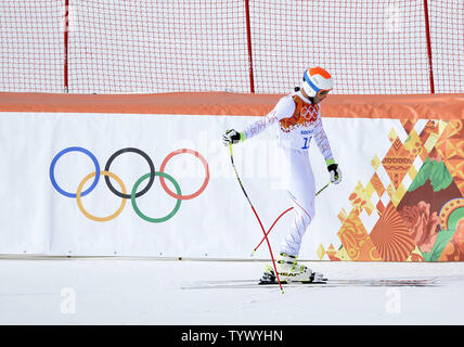 United States' Bode Miller reagiert nach seinen Durchlauf an der Männer Ski alpin Finale bei den Olympischen Winterspiele 2014 in Sotschi am 9. Februar in Krasnaja Poljana Russland 2014. Miller beendete 8. in der Veranstaltung. UPI/Brian Kersey Stockfoto