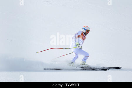 United States' Bode Miller beendet seinen Durchlauf an der Männer Ski alpin Finale bei den Olympischen Winterspiele 2014 in Sotschi am 9. Februar 2014 in Krasnaja Poljana Russland. Miller beendete 8. in der Veranstaltung. UPI/Brian Kersey Stockfoto