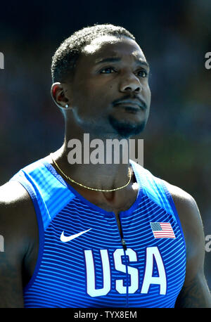 Justin Gatlin der Vereinigten Staaten läuft im 100 m Runde 1 am Rio olympische Sommerspiele 2016 in Rio de Janeiro, Brasilien, 13. August 2016. Foto von Kevin Dietsch/UPI Stockfoto