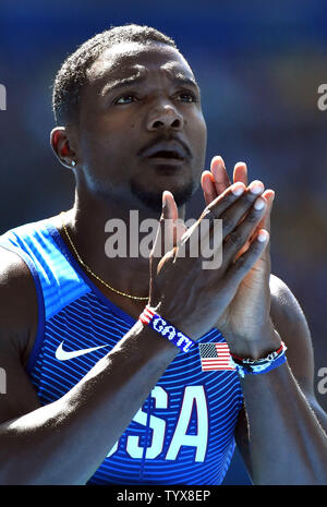 Justin Gatlin der Vereinigten Staaten läuft im 100 m Runde 1 am Rio olympische Sommerspiele 2016 in Rio de Janeiro, Brasilien, 13. August 2016. Foto von Kevin Dietsch/UPI Stockfoto