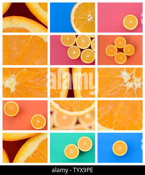 Eine Collage von vielen Bildern mit saftigen Orangen. Einstellen von Bildern mit Früchten auf Hintergründe in verschiedenen Farben Stockfoto