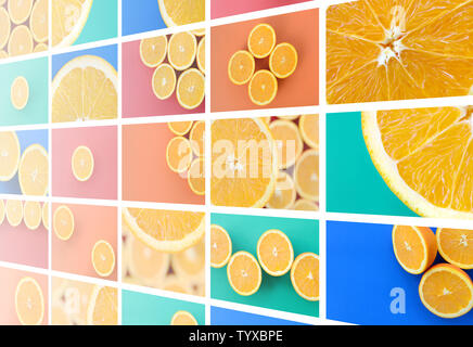 Eine Collage von vielen Bildern mit saftigen Orangen. Einstellen von Bildern mit Früchten auf Hintergründe in verschiedenen Farben Stockfoto