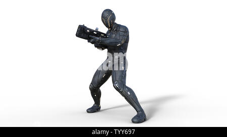 Futuristische android Soldat in bulletproof Rüstung, Militär Cyborg bewaffnet mit sci-fi Gewehr Pistole schiessen auf weißem Hintergrund, 3D-Rendering Stockfoto