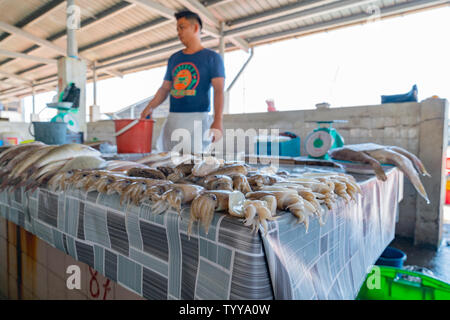 KOTA KINABALU BORNEO - 31. MAI 2019; Arbeitnehmer, Lieferanten und frischen Fisch und Meeresfrüchte in der Stadt nass oder Fischmarkt in der Nähe der Wharf. Stockfoto