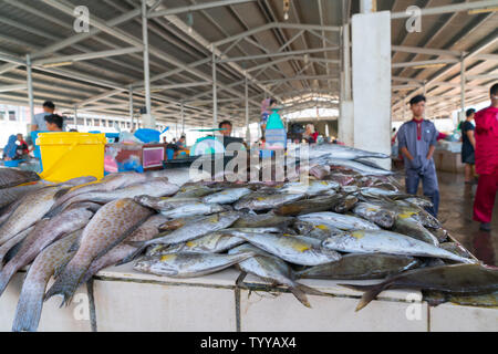 KOTA KINABALU BORNEO - 31. MAI 2019; Arbeitnehmer, Lieferanten und frischen Fisch und Meeresfrüchte in der Stadt nass oder Fischmarkt in der Nähe der Wharf. Stockfoto