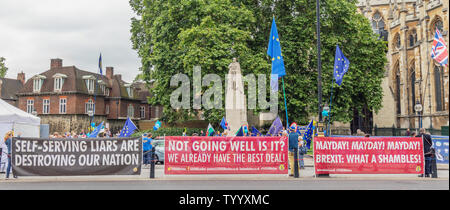 London/Großbritannien - 26. Juni 2019 - Pro-EU-Banner und Demonstranten mit Fahnen der Europäischen Union gegenüber dem Parlament in Westminster Stockfoto