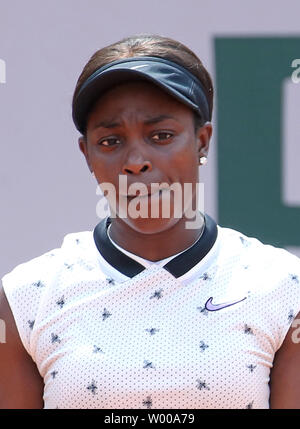 Amerikanische Sloane Stephens Pausen beim Viertelfinale der French Open Frauen Match gegen Johanna Konta von Großbritannien in Roland Garros in Paris am 4. Juni 2019. Konta besiegt Stephens 6-1, 6-4 das Halbfinale. Foto von David Silpa/UPI Stockfoto