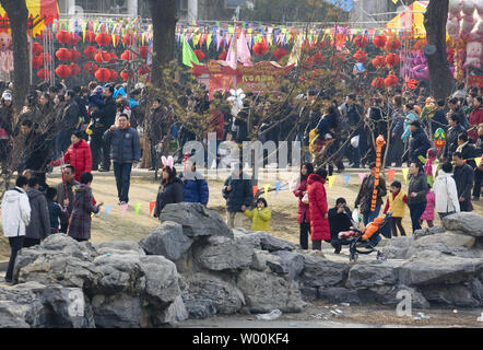 Tausende von Chinesischen besuchen Sie ein Park, der voller Spielzeug und Lebensmittel Lieferanten, am dritten Tag des chinesischen Neujahrsfest in Peking am 28. Januar 2009. 10 Millionen Chinesen auf der ganzen Welt feiern den Beginn des Neujahrsfest, einer der wichtigsten traditionellen Feiertage. Räucherstäbchen wurden beleuchtet, Feuerwerk aus gesetzt, Familien und Freunden für Mahlzeiten in chinesischen Gemeinschaften versammelt im Jahr des Ochsen zu klingeln. (UPI Foto/Stephen Rasierer) Stockfoto