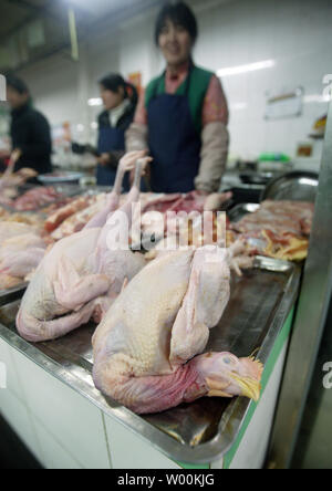 Chinesischen Huhn Anbieter warten, die für Kunden auf einen Lebensmittelmarkt in Peking Februar 04, 2009. China hat einen Ausbruch der Vogelgrippe bei Geflügel gelitten, obwohl das Festland Regierung noch einen solchen Vorfall zu berichten, nach Lo Wing-Lok, ein Hong-kong Regierung Berater auf Infektionskrankheiten. (UPI Foto/Stephen Rasierer) Stockfoto