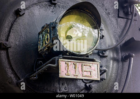 Ein 1917 Baldwin Dampflokomotive aus der Susquehanna und New York Eisenbahnlinie ist bei Highland Park, 23. Juni 2019, in Meridian, Mississippi angezeigt. Stockfoto