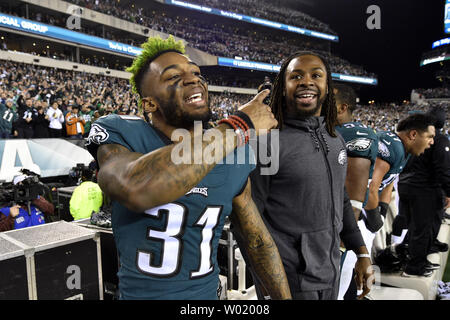 Philadelphia Eagles cornerback Jalen Mühlen (31) feiert nach dem Gewinn der NFC-Meisterschaft am Lincoln Financial Field in Philadelphia am 21. Januar 2018. Die Adler besiegten die Minnesota Vikings 38-7 zu den Super Bowl gegen die New England Patriots. Foto von Derik Hamilton/UPI Stockfoto