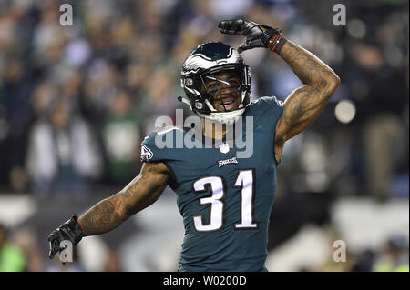 Philadelphia Eagles cornerback Jalen Mühlen (31) reagiert, nachdem ein Abfangen im vierten Quartal des NFC-Meisterschaft gegen die Minnesota Vikings am Lincoln Financial Field in Philadelphia am 21. Januar 2018. Die Adler besiegten die Minnesota Vikings 38-7 zu den Super Bowl gegen die New England Patriots. Foto von Derik Hamilton/UPI Stockfoto