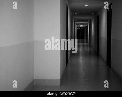 Dunkle geheimnisvolle Flur im Gebäude. Tür zimmer Perspektive in einsamen ruhigen Gebäude mit Licht auf Schwarz und Weiß Stil. Horror. Stockfoto