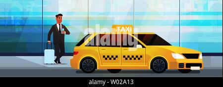 Geschäftsmann mit Mobile App bestellen Taxi auf Street business Mann in formale Abnutzung mit Gepäck in der Nähe von Yellow cab City Transport Service Konzept voll Stock Vektor