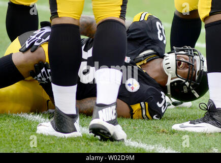 Pittsburgh Steelers Mitte Maurkice Pouncey (53) hält seine Knie schmerzen während der ersten Viertel gegen die Tennessee Titans an Heinz Feld in Pittsburgh am 8. September 2013. UPI/Archie Tischler Stockfoto