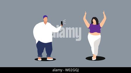 Fat Man über Smartphone-kamera Kerl unter Foto der jungen übergewichtigen Frau Modell Fashion Shooting Konzept Skizze doodle Horizontale volle Länge Stock Vektor