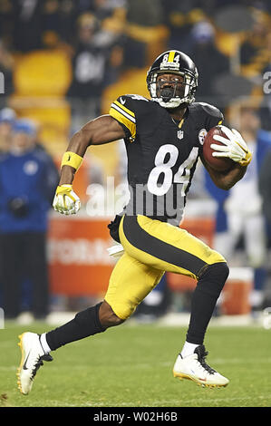 Pittsburgh Steelers Antonio Braun (84) liefert einen Stocherkahn für 71 Yards für einen Touchdown während der Indianapolis Colts 45-10 Verlust am Heinz Feld in Pittsburgh am 6. Dezember 2015. Foto von Shelley Lipton/UPI Stockfoto