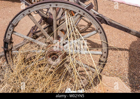 Alte brach Wagon Wheel mit Tumble Weed in die Speichen Stockfoto