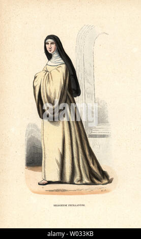 Nonne in der Größenordnung von Feuillantines, Kongregation der Muttergottes von Dijon Bourgogne - Parvis Saint-Jean, Zisterzienser, Religieuse Feuillantine. Papierkörbe Holzschnitt Kupferstich nach einer Illustration von Jacques Charles Bar von Abt Tiron's Histoire et Kostüme des Ordres Religieux, Librairie Historique-Artistique, Brüssel, 1845. Stockfoto