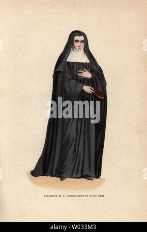 Nonne Der chorfrauen von St. Augustine der Kongregation unserer Lieben Frau, 1597 gegründet von Alix Le Clerc, Religieuse de la Kongregation de Notre Dame. Papierkörbe Holzschnitt Kupferstich nach einer Illustration von Jacques Charles Bar von Abt Tiron's Histoire et Kostüme des Ordres Religieux, Librairie Historique-Artistique, Brüssel, 1845. Stockfoto