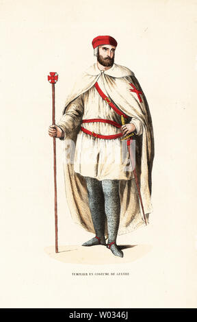 Ritter des Templerordens in der Schlacht Kostüm, Templier en costume de guerre. Papierkörbe Holzschnitt Kupferstich nach einer Illustration von Jacques Charles Bar von Abt Tiron's Histoire et Kostüme des Ordres Religieux, Librairie Historique-Artistique, Brüssel, 1845. Stockfoto