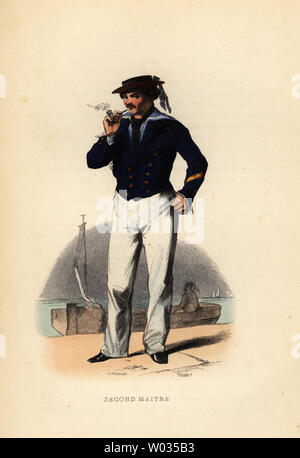 Uniform eines zweiten mate, zweite Maitre, der Französischen Marine, 1844. Papierkörbe Holzschnitt von Pauquet nach A. Gusman von Eugene's Panini Marine, arsenaux, Navires, equipages, Navigation, atterages, bekämpft, L. Curmer, Paris, 1844. Stockfoto