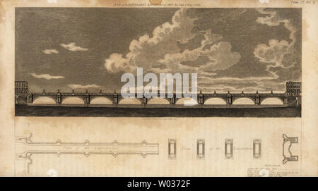 John Rennie's Design für Waterloo Bridge, mit Aufzug und Pläne für den Überbau und Stiftungen. Kupferstich von Rudolph Ackermann im Repository des Arts, London, 1816. Stockfoto