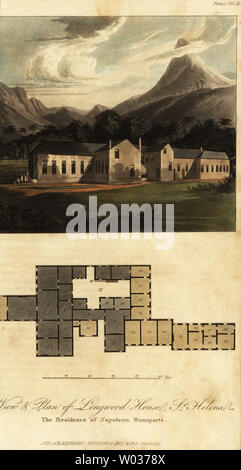 Ansicht und Plan von Longwood House, St. Helena. Die Residenz von Napoleon Bonaparte, ins Exil nach der Schlacht von Waterloo. Bonaparte, private Zimmer 4-6, Zimmer's General Montholon 10-12, 27-33, Graf Las Cases Zimmer 34-37, slave Zimmer 39. Papierkörbe Kupferstich von Rudolph Ackermann im Repository des Arts, London, 1817. Stockfoto