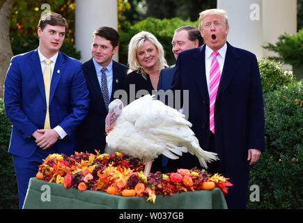 Präsident Donald Trump (R) Begnadigungen Drumstick, der nationalen Thanksgiving Truthahn, wie er durch die einzelstaatlichen Türkei Vereinigung Vorsitzender Carl Wittenburg verbunden ist (2nd-R) und den Mitgliedern der Wittenberger Familie, während die jährliche Thanksgiving Truthahn Begnadigung Zeremonie im Rosengarten des Weißen Hauses am November 21, 2017, in Washington, D.C. Drumstick und eines stellvertretenden Türkei namens Querlenker verbindet Vergangenheit begnadigt Truthähne an Gobblers auf dem Campus der Virginia Tech University. Foto von Kevin Dietsch/UPI Stockfoto