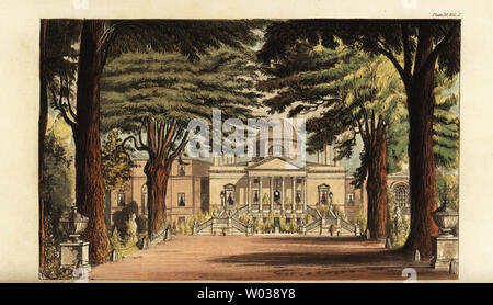 Chiswick House, Palladian Villa des Architekten William Kent entworfen und von Richard Boyle, 3rd Earl of Burlington gebaut. Papierkörbe Kupferstich nach einer Illustration von John Gendall von Rudolph Ackermann im Repository des Arts, London, 1823. Stockfoto