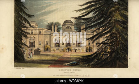 Chiswick House, Palladian Villa des Architekten William Kent entworfen und von Richard Boyle, 3rd Earl of Burlington gebaut. Garten vorne. Papierkörbe Kupferstich nach einer Illustration von John Gendall von Rudolph Ackermann im Repository des Arts, London, 1823. Stockfoto