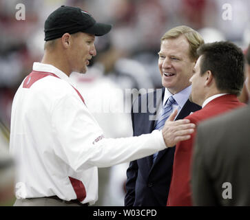 NFL Beauftragter Roger Goodell (C) Chats mit Arizona-kardinäle coach Ken Whisenhunt (L) und team Präsident Michael Bidwill (R) vor der NFC Championship Game gegen die Philadelphia Eagles an der Universität von Phoenix Stadium in Glendale, Arizona, 18. Januar 2009. (UPI Foto/Paul Connors) Stockfoto