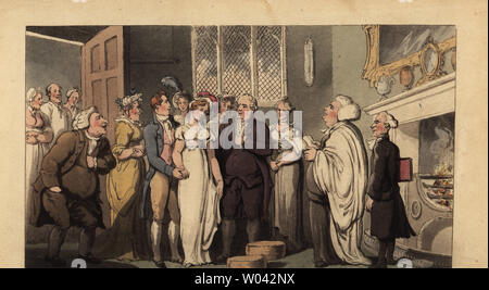 Englischer gentleman seine Braut in ein herrschaftliches Haus zu heiraten, bevor Familie und Mitarbeiter. Papierkörbe Kupferstich nach einer Illustration von Thomas Rowlandson von William Combe der Tanz des Lebens, Rudolph Ackermann, London, 1817. Stockfoto