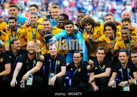 Belgien feiern die 2018 FIFA Fußball-Weltmeisterschaft den dritten Platz Play-off-Spiel in die Petersburger Stadion in Sankt Petersburg, Russland am 14. Juli 2018. Belgien beat England 2-0 Dritter zu beenden. Foto von Chris Brunskill/UPI Stockfoto
