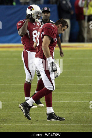 Arizona Cardinals Quarterback Kurt Warner verlässt das Feld nach seinem Team 23-27 an die Pittsburgh Steelers im Super Bowl XLIII bei Raymond James Stadium in Tampa, Florida verloren, am 1. Februar 2009. (UPI Foto/Markierung Wallheiser) Stockfoto