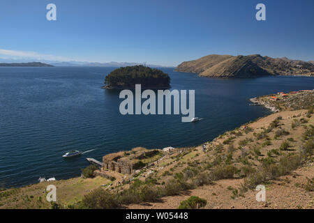 Panoramablick auf den Titicacasee von Isla del Sol, Bolivien Stockfoto