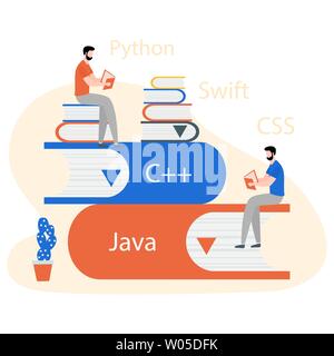 Vector Illustration mit Menschen auf Stapel von Büchern, Studieren, Arbeiten am Computer. Flat Style. Hintergrund für die Programmierung landing page. Desi Stock Vektor
