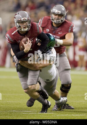 Die Washington State Cougars Quarterback Connor Halliday ist entlassen von Oregon Ente defensive Ende Taylor Hart bei CenturyLink Feld in Seattle, Washington am 29. September 2012. Die 2. geordnete Oregon beat Staat Washington 51-26. UPI/Jim Bryant Foto. Stockfoto