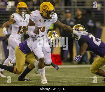 Die Arizona State Sun Devils wide receiver N'Keal Harry (1) Brüche aufgreift, wie er eine Stocherkahnrückkehr für 38 Yards gegen die Universität von Washington Huskies im vierten Quartal in einem PAC-12 College Football Spiel, am 22. September 2018 bei Husky Stadium Seattle, Washington. Washington Huskies schlagen die Arizona Sun Devils 27-20. Foto von Jim Bryant/UPI Stockfoto