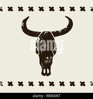 Vector schwarz Schädel Büffel, Stier oder Kuh auf einem weißen Hintergrund. Handgezeichneten Grafiken im Stil von Grunge Abnutzung. Wild West das Symbol. Vintage embl Stock Vektor