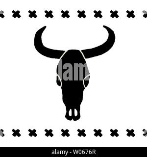 Vector schwarz Schädel Büffel, Stier oder Kuh auf einem weißen Hintergrund. Handgezeichneten Grafiken. Wild West das Symbol. Vintage emblem Kuh Schädel mit Hörner. Stock Vektor