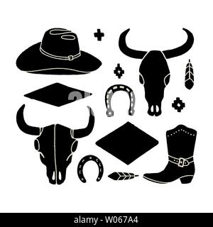 Vektor einrichten von Hand zeichnen Elemente des Wilden Westens. Cowboy Western Symbole in Schwarzweiß. Designelemente für Logo, Label, Emblem, Zeichen, Abzeichen. Cowboy ha Stock Vektor