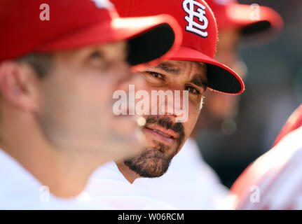 Neu erworbenen St. Louis Cardinals pitcher Jeff Suppan Uhren die Aktion aus dem Dugout gegen die Seattle Mariners am Busch Stadium in St. Louis am 14. Juni 2010. Suppan hat erneut die Kardinäle nach Verlassen für zwei Jahre bei Milwaukee zu spielen. UPI/Rechnung Greenblatt Stockfoto