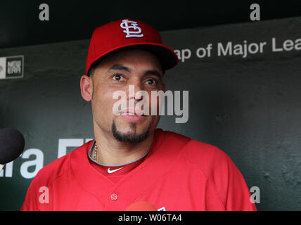 Neu St. Louis Cardinals Pedro Feliz spricht mit Reportern vor einem Spiel gegen die San Francisco Giants am Busch Stadium in St. Louis am 20. August 2010 erworben. Feliz kommt nach St. Louis Third Base von den Houston Astros zu spielen. UPI/Rechnung Greenblatt Stockfoto